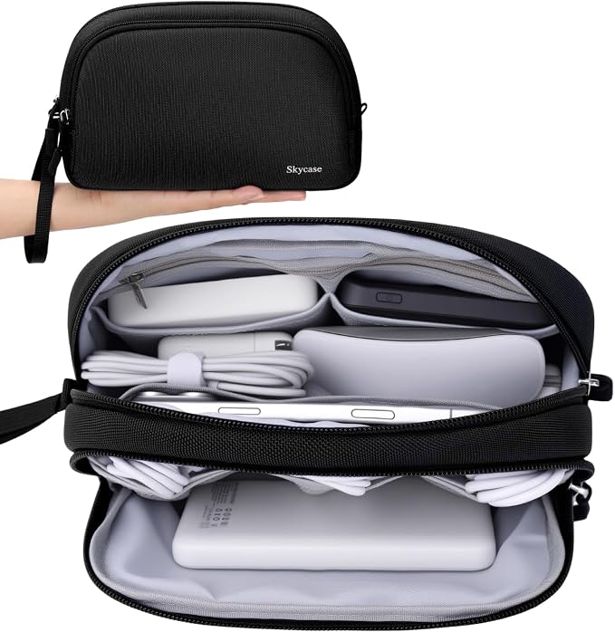 Skycase Travel Cable Organizer - Lightweight Water Resistant Dual-Layer Tech Pouch with Wrist Strap 9 Compartments Electronic Organizer Travel Case for Charger Cord Hard Drive,Small,Black