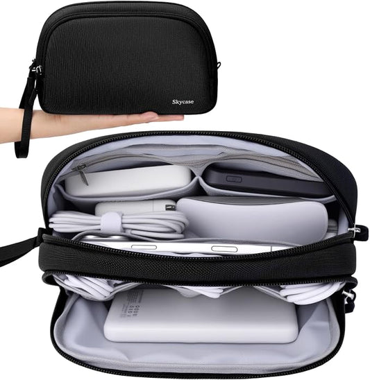 Skycase Travel Cable Organizer - Lightweight Water Resistant Dual-Layer Tech Pouch with Wrist Strap 9 Compartments Electronic Organizer Travel Case for Charger Cord Hard Drive,Small,Black