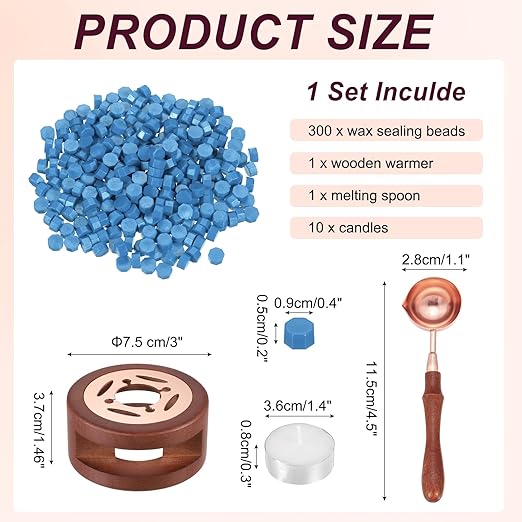 PATIKIL Wax Seal Kit, 300 Pcs Wax Sealing Beads, Wooden Warmer, Melted Spoon, 10 Pcs Tealight Candles for Envelope Letter Mailing Crafts DIY, Sky Blue