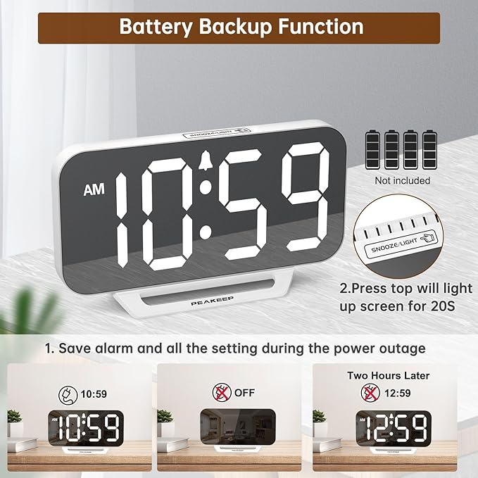 Peakeep Slim Digital Mirror Aesthetic Alarm Clock for Bedrooms Desk Decor | Plug in Electric Big LED Modern Small Clock for Office Living Room, Battery Backup, 6 Dimmers (White)