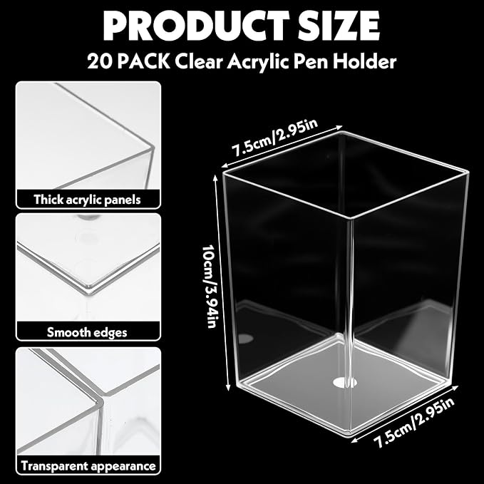 20 Pcs Clear Acrylic Pen Holder for Desk, Makeup Brushes Holders | Modern Organizer Acrylic Pencil Holder Cups Bulk for Classroom School Desk Office Desktop Storage 4"×3"×3"