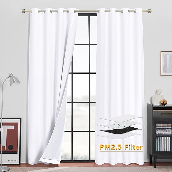 RYB HOME White Blackout Curtains for Bedroom,Noise Reducing Thermal Insulated Curtains and Drapes with Melt-Blown Fabric, Anti Dust PM2.5 Pollen Smog Filtering, Pure White, W52 x L108 inch, 2 Panel