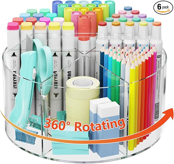 Desk Pen Holder, 360 Degree Acrylic Rotating Pencil Organizer for Kid Crayon Marker, Office Supply Accessory Organizer Rotating Organization for Desktop, Kitchen, Makeup, Vanity