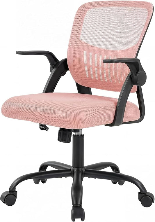 Sweetcrispy Home Office Managerial Executive Chair, Flip Up Armrest Ergonomic Mesh Adjustable Swivel Mid-Back Computer Desk Chair with Comfortable Lumbar Support, Comfy Arms for Bedroom,Blak&Pink