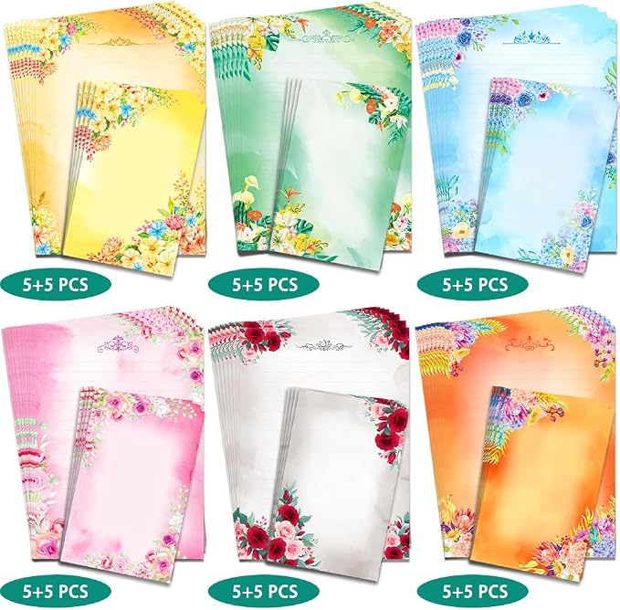 Anzon Mories 60 Pieces Cute Stationary Writing Paper and Envelope Set (2 Sides Colored, 1 Side Lined) 30 Sheets, 30 Pcs Envelopes, Kawaii Letter Stationery 8.5 x 11 In Floral Decoration Ruled