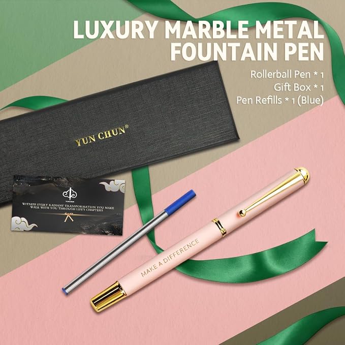 YUNCHUN Luxury Inspirational Rollerball Pen Set Gifts for Women, Metal Pens with Motivational Words, Smooth Black Ink Medium Point, Elegant Executive Gift Pens with Extra Blue Refill, Pink