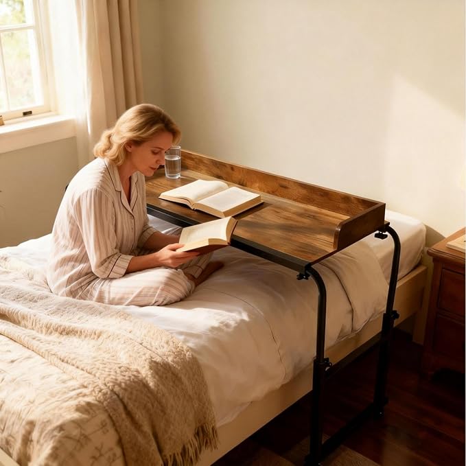 Overbed Table with Wheels and Desktop Enclosure, Height and Length Adjustable Over Bed Desk King Queen Bed Table Overbed Laptop Table (Rustic Brown)