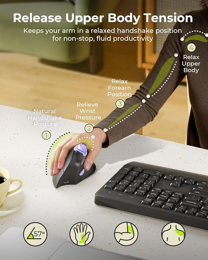 seenda Ergonomic Mouse Wireless, MOU-302 Bluetooth Vertical Mouse Rechargeable, Volume Knob, Silent Mice & 1000/1600/2400 DPI, 3 Multi-Device Connection for Windows/PC/Laptop/Mac/MacBook, Black Purple
