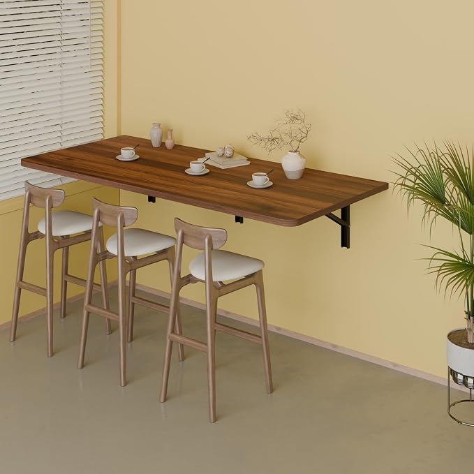 IAE 48" x 22" Floating Foldable Desk,Wall-Mounted Folding Computer Table with Engineered Wood,Study Table with Shelf Brackets,Fold Down Shelf,Fold Computer Desk for Small Spaces,Holds 500 lb,Walnut