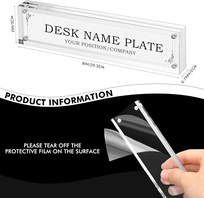 Geetery 20 Pcs Acrylic Office Desk Name Plate Personalized Clear Acrylic Block Double Sided Table Name Plate Holder Business Magnet Frame DIY Desktop Holder Accessories Decor (2" X 8")
