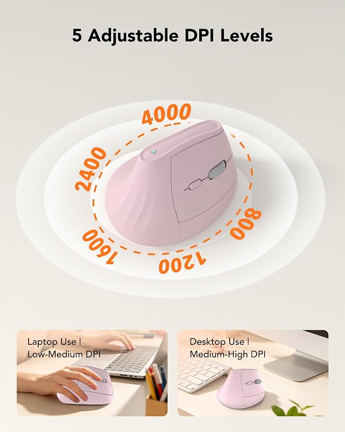 KYSONA Ergonomic Mouse Wireless, Bluetooth Vertical Mouse, 5-Level Adjustable DPI, 2.4G Silent Switch Mice for Windows, MacOS, IPadOS, Laptop, PC, Pink
