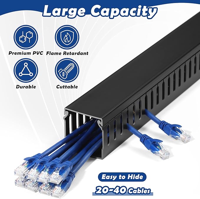 ZhiYo 2"H x 2"W Cable Raceway, 6ft Under Desk Wire Management Channel Black | Slotted Wire Duct, 2 Pack (3 ft Each), Heavy-Duty PVC Cable Management for Server Racks, Network Cables & Electrical Cabinets