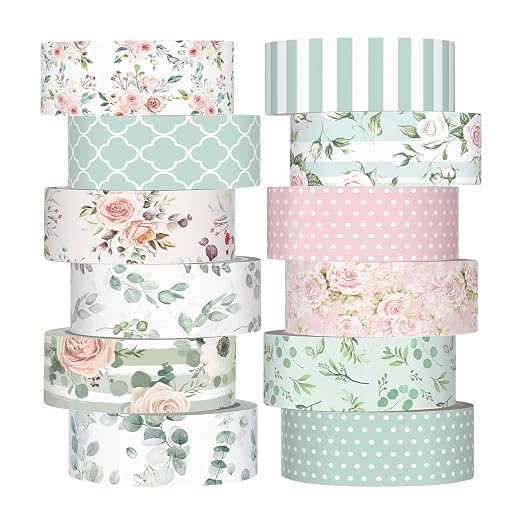 12 Rolls Watercolor Floral Washi Tape Set 15 mm Vintage Flower Decorative Masking Tape for Summer School Arts DIY Craft Scrapbook Journal Supplies Gifts(Pink and Green,Spring)