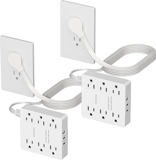 LIDER Outlet Extender with 6 Receptacles, USB-A & 2 USB-C, Angled Ultra-Thin Flat-Plug, 6-Outlet Power Strip, Surge Protector 1500 Joules, 5ft Cord, 1250W, ETL Listed, Matte White, 2-Pack