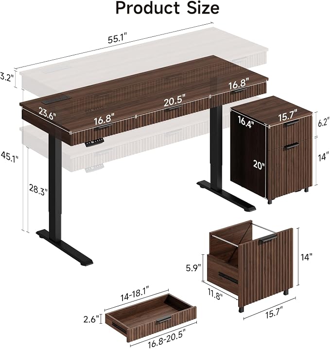 55" Electric Standing Desk with File Cabinet,Height Adjustable Desk,Walnut | Standing Desk with Drawers, Roilling Filing Cabinet, File Cabinet with Drawers, Adjustable Desk for Home Office, Work, Study