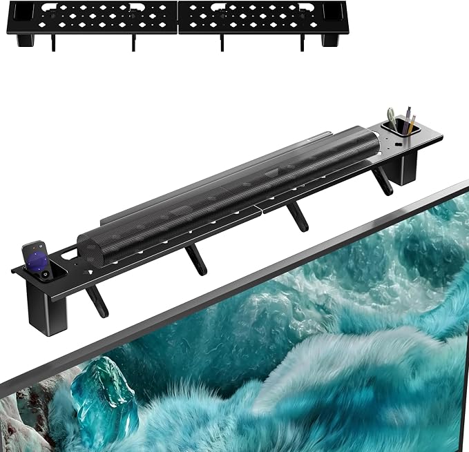 WALI Soundbar Mount, No Drilling TV Top Shelf with 2 Storage Boxes, Floating Monitor Shelves for Router, Cable Box, Game Console Storage, TV Remote Holder, Up to 5.5Lbs, 17.3"x4.3"(TSH004-2B), Black