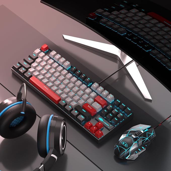 MageGee 75% Mechanical Gaming Keyboard, Blue Switch, LED Backlit, 87 Keys Compact TKL Wired Computer Keyboards for Windows Laptop PC Gamer - Grey/Black