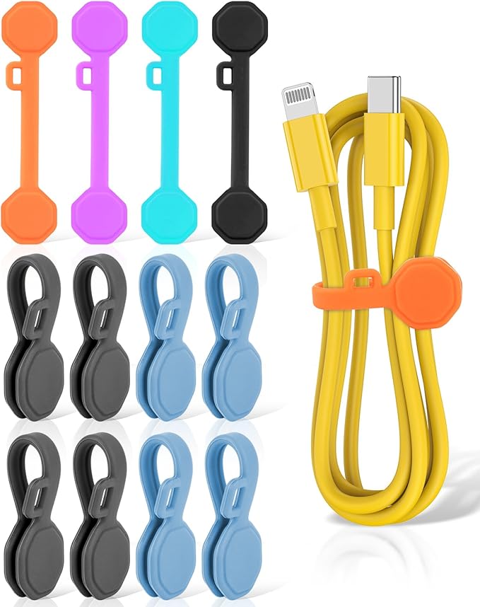 12 PCS Silicone Magnetic Cable Ties, Reusable cord Organizer clips | magnet cord holder for phone charging, compatible with USB/lightning cables, bookmarks, whiteboard magnets, fridge magnets
