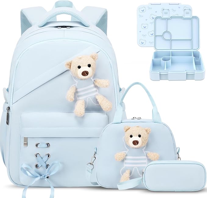 ACESAK Backpack for Girls with Bento Box - 4 PCS Cute Girls Backpack with Lunch Box, Pencil Case & Bento Box Set - 43oz Leakproof Lunch Box Kids Snack Containers Set Back to School Supplies (Blue)