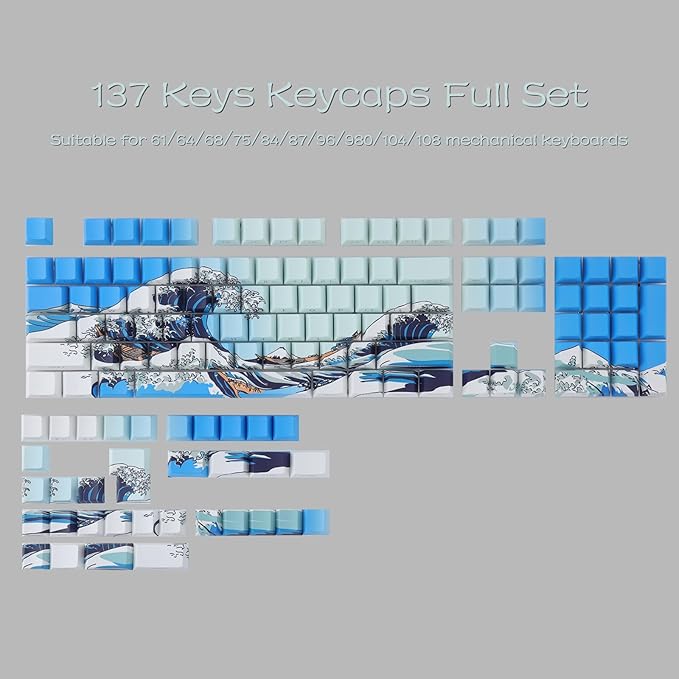 PBT Keycaps 75 Percent,Custom Cool Wave of Kanagawa Light/Sky Blue Keycaps | Tsungup Side Print 131 Keys Dye Sub Shine Through Cherry Profile Keyboard Key Caps for Mechanical Keyboard