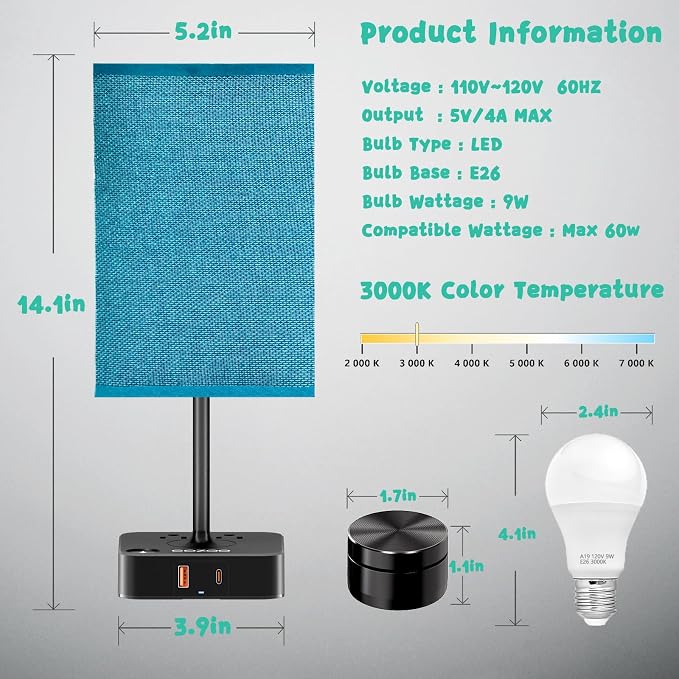 cozoo Bedside Table Lamp for Bedroom, 3 Way Dimmable & Remote Control Stepless Dimming Touch Nightstand Lamp, 2 USB Ports and 2 AC Outlets, Small Desk Light for Living Room, Bed, Study, Green