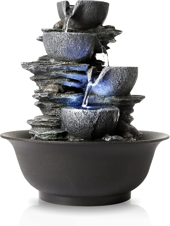 WICHEMI Tabletop Fountain Warer Fountain Indoor Waterfall Fountains | Indoor Fountain, Indoor Water Feature, 4-Tiers Stacked Rock Zen Meditation Desktop Fountain with Light for Home Office Decor