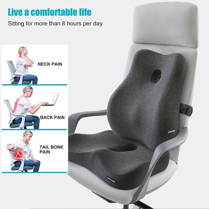 X Large Memory Foam Seat Cushion & Lumbar Support Pillow, Sciatica & Tailbone Pressure Relief Coccyx Cushion for Office Chair, Car, Wheelchair, Home - Dark Grey