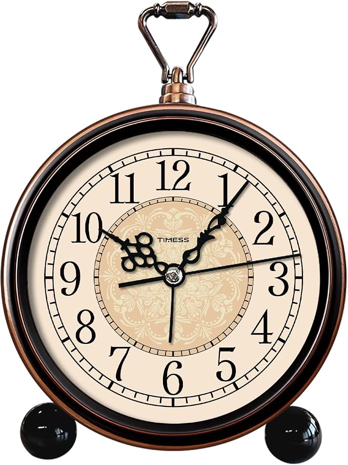 TIMESS Vintage Analog Alarm Clock, 4.3" Silent Non-Ticking Quartz Desk Clock, Battery Operated Table Clock for Bedroom, Living Room, Office, or Gift