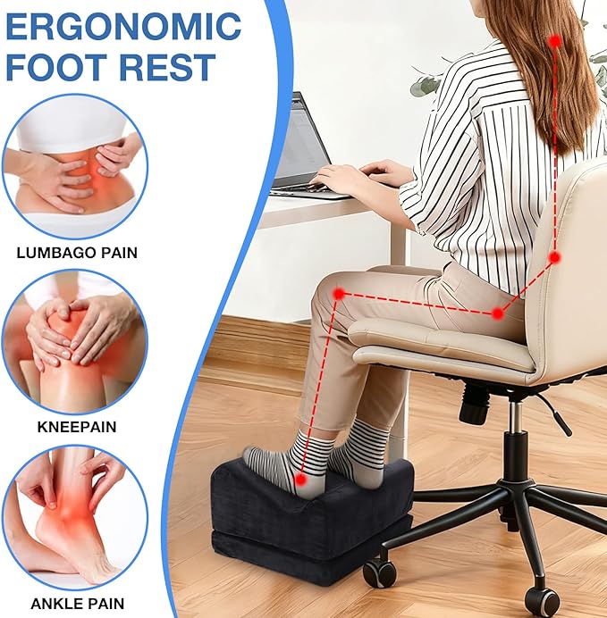 Ergonomic Foot Rest for Under Desk at Work, Multi-Angle Adjustable Height Under Desk Footrest for Office Gaming Chair, High-Density Foam Footstool Leg Elevation Pillow for Back Hip Knee Pain Relief