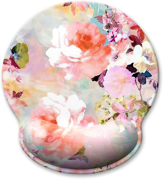 Ergonomic Mouse Pad with Wrist Support, Floral Memory Foam Wrist Rest Mouse Pads, Cute Computer Laptop Office Accessories Decor, Pain Relief Mousepad for Gaming Work Women Girls, Pink Flowers