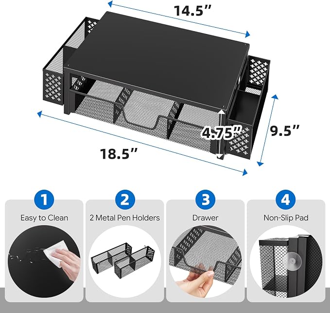 Simple Trending 2-Tier Desk Organizer, Computer Monitor Stand Riser, Black | Metal Laptop & Printer Stand, Desktop Organizer with Drawer & 2 Pen Holders, Anti Slip Pads, 18.5"W x 9.5"D x 4.75"H