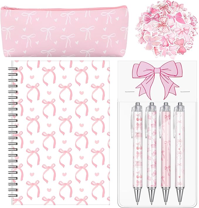 Pink Bow Stationery Gift Coquette School Supplies Set Include Pens Aesthetic Journal Notebook Pencil Case and Stickers Pink Bow Preppy Back to School Supplies for Girl Students
