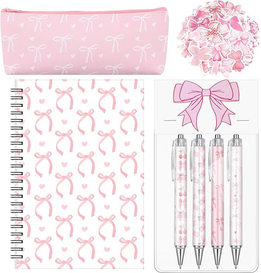 Pink Bow Stationery Gift Coquette School Supplies Set Include Pens Aesthetic Journal Notebook Pencil Case and Stickers Pink Bow Preppy Back to School Supplies for Girl Students