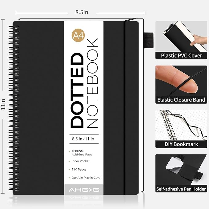 AHGXG Dotted Journal - Dot Grid Spiral Notebook 8.5" x 11", A4 Large Dotted Notebook, 100 GSM Thick Paper, Waterproof Plastic Cover Journals for Journaling, Sketching, Black