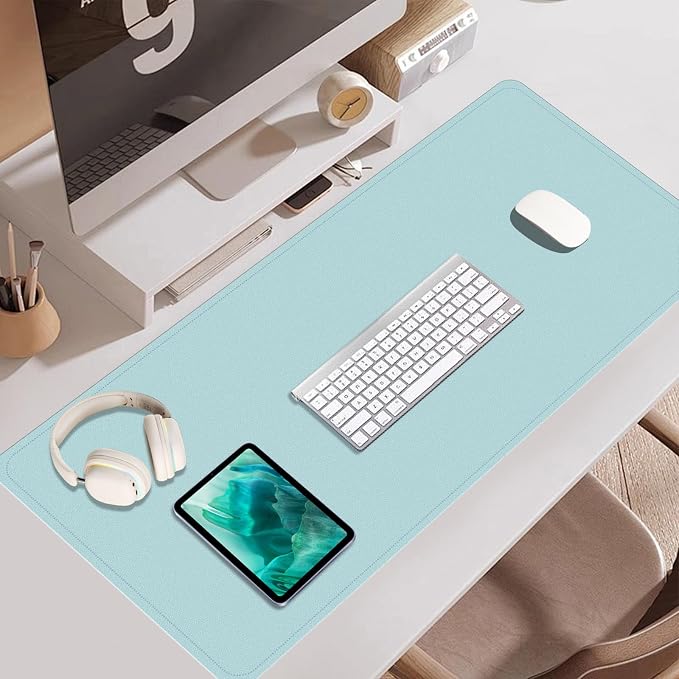 Large Desk Pad 35.4" x 17", Non-Slip Desk Mat with PU Leather & Natural Cork, Waterproof Writing Desk Natural Cork, Computer Mat Desk Protector for Office Home, Light Blue