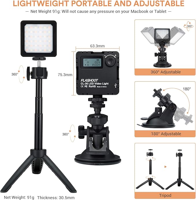 CL-36 Conference Lighting Kit with Tripod & Suction Cup for Remote Working, Mini LED Video Light for Video Conferencing, Zoom Calls, Broadcast, Live Streaming，Adjustable Laptop Video Light