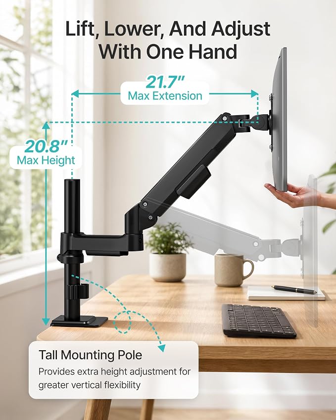 Single Monitor Arm for 17-32 Inch Screens, Holds up to19.8 lbs | Desk Monitor Mount with Clamp and Grommet Base,Gas Spring Monitor Stand,Full Motion Monitor Arms for Home Office