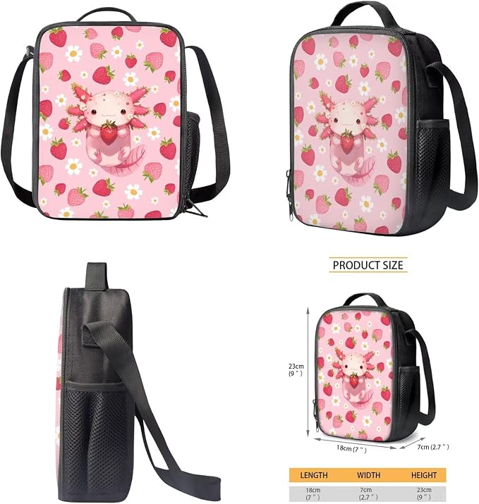 WELLFLYHOM Custom Name Axolotl Girls Backpack Set 6-8 Kids School Book Bag Lunch Box Pencil Case Water Bottle Sleeve Strawberry Daisy Elementary Daycare Bag for School Back to School Gift