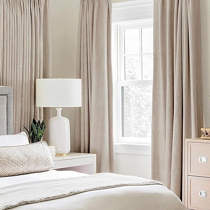 MIULEE 100% Blackout Linen Textured Curtains for Bedroom Solid Thermal Insulated Natural Beige Grommet Room Darkening Curtains & Drapes Luxury Decor for Living Room 52 x 132 Inch (2 Panels)