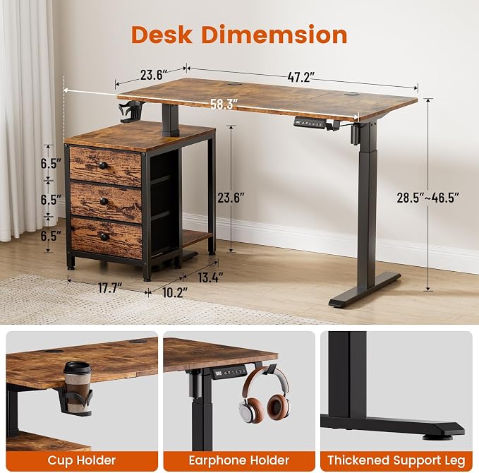 REAHOME 47 Inch Rustic Brown Height Adjustable Standing Desk with Drawers | Dual Motor Sit-Stand Frame With 3 Memory Presets, Printer Cabinet, Hooks & Cable Management For Home Office Gaming Desk