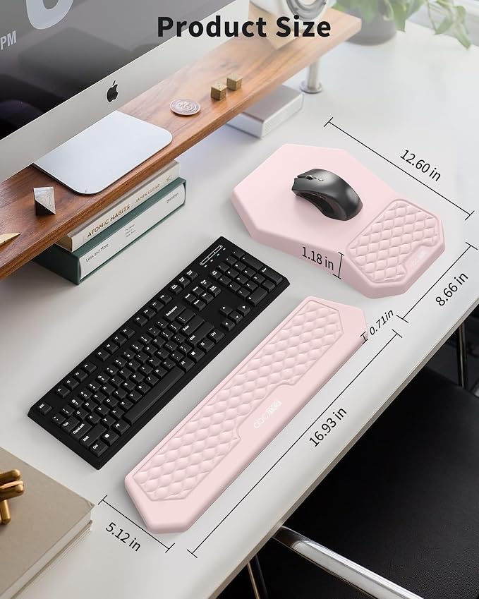 Ergonomic Mouse Pad and Keyboard Wrist Rest Support Set, Massage Design Mousepad for Carpal Tunnel Pain Relief, Memory Foam, Non-Slip PU Base for Computer Desk, Pink