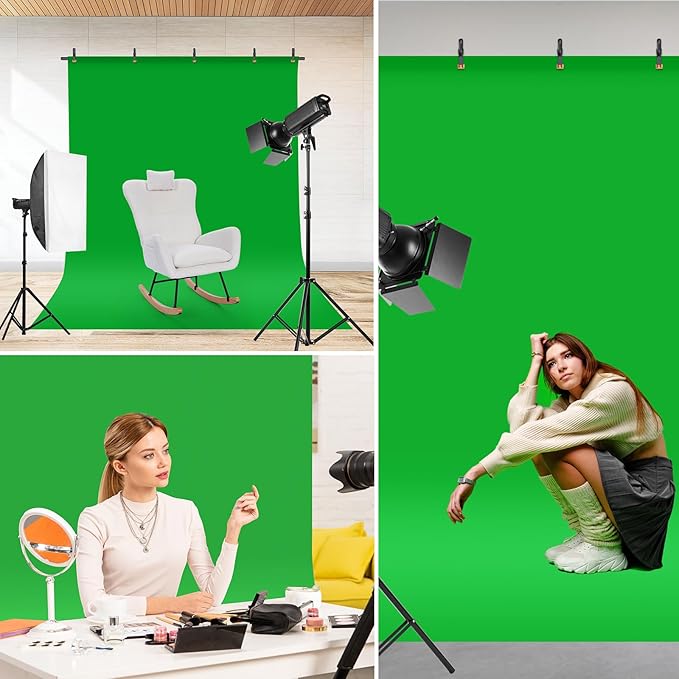 Green Screen Backdrop Kit, Portable Greenscreen Background with T-Shaped Stand, 5 Clamps & Carrying Bag for Photography, Streaming, Zoom, Gaming, (Green, 6.5 Feet X 5.0 Feet)
