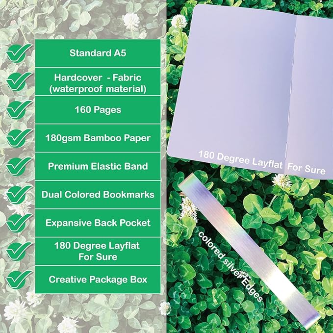 BUKE Dot Grid Notebook Dotted Journal,180Gsm Bamboo White Paper, 5 * 5MM Dots 160 Pages, Lay Flat Binding,Colored Silver Edges, Bookmarks and Expandable Back Pocket Dandelion