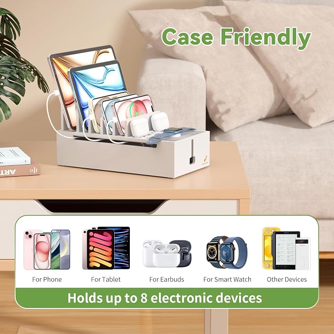 Pezin & Hulin Charger Station Organizer, No Power Charging Supply-White | Bamboo Cable Management Box, Power Strips and Cord Hider, Nightstand Device Organizer (Include 6 Cables)