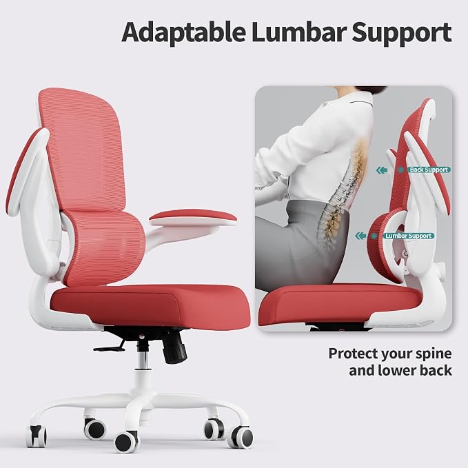 TRALT Office Chair - Ergonomic Desk Chair with Adjustable Lumbar Support, Mesh Computer Chair, Executive Chairs for Home Office Comfortable Lumbar Support (White Red)