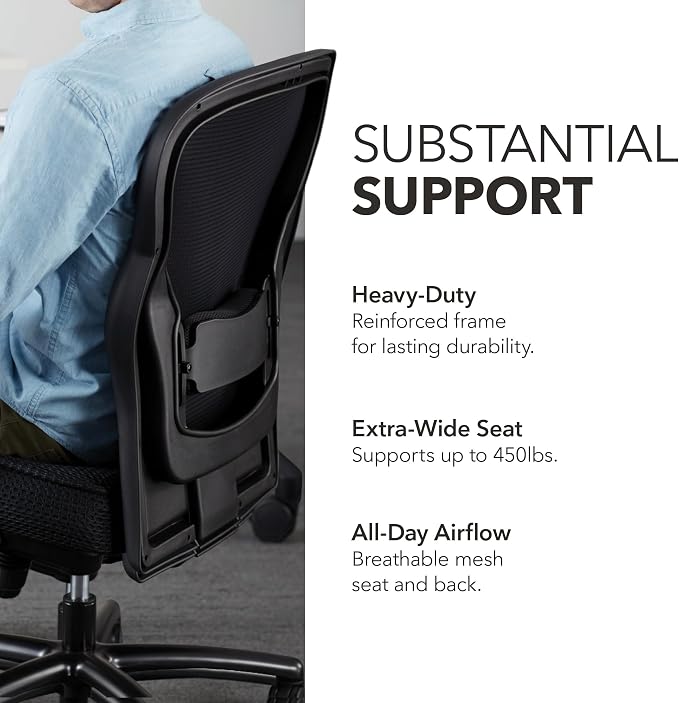 HON Wave Big and Tall Ergonomic Office Chair, Heavy Duty Desk Chair, Black | Big and tall ergonomic office desk chair for desk work, lumbar support, adjustable arms, mesh comfort, 450 lb capacity
