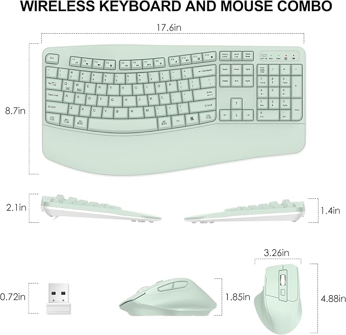 Wireless Keyboard and Mouse Combo, 2.4G Full Size Wave Keys Ergonomic Keyboard with Wrist Rest and 3-Level DPI Adjustable Wireless Ergonomic Mouse for Windows, Mac OS Desktop/Laptop/PC(Avocado Green)