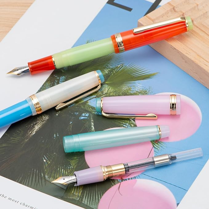 3 Jinhao 82 Fountain Pen Transparent Mixed Macaron Color Acrylic Medium Point Gold Trim with Converter Set
