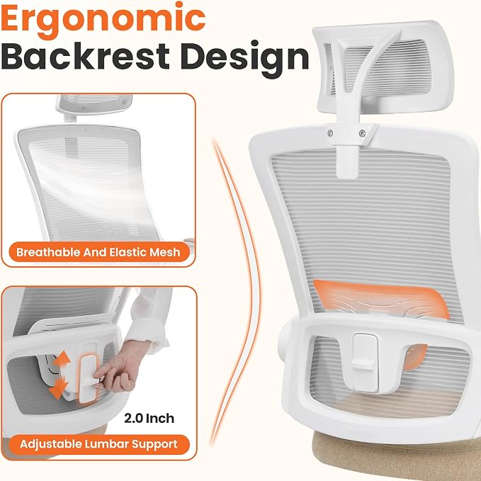 NEO CHAIR Office Desk Chair Gaming Computer High Back Support Mesh Comfy Seat with Adjustable Ergonomic Headrest Lumbar Rolling Flip-up Armrests and Wheels (Beige)