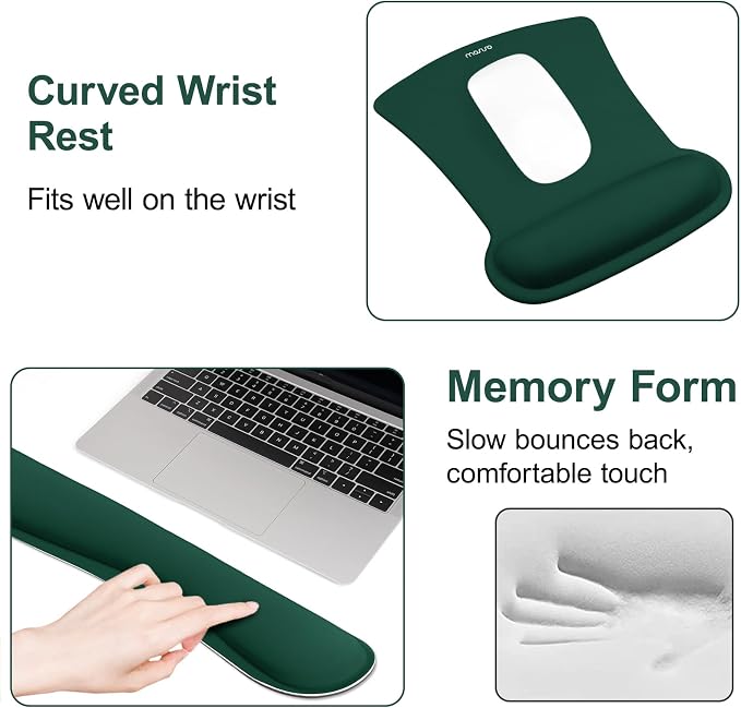 MOSISO Wrist Rest Support for Mouse Pad & Keyboard Set, Ergonomic Mousepad Non-Slip Base Home/Office Pain Relief & Easy Typing Cushion with Neoprene Cloth & Raised Memory Foam, Peacock Green